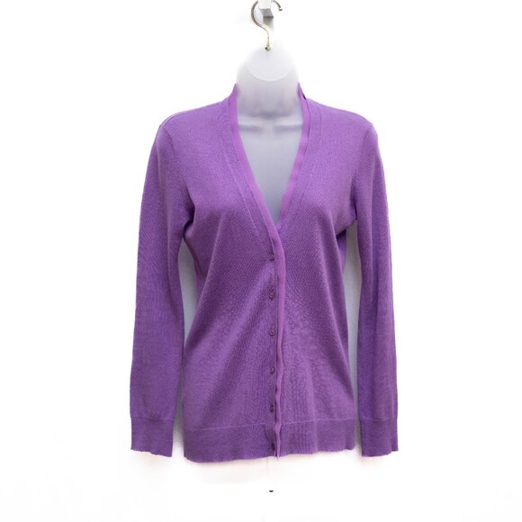 Ralph Lauren Purple Linen Blend Cardigan Womens XS/TP V-Neck Chiffon Trim Preppy - Picture 1 of 7